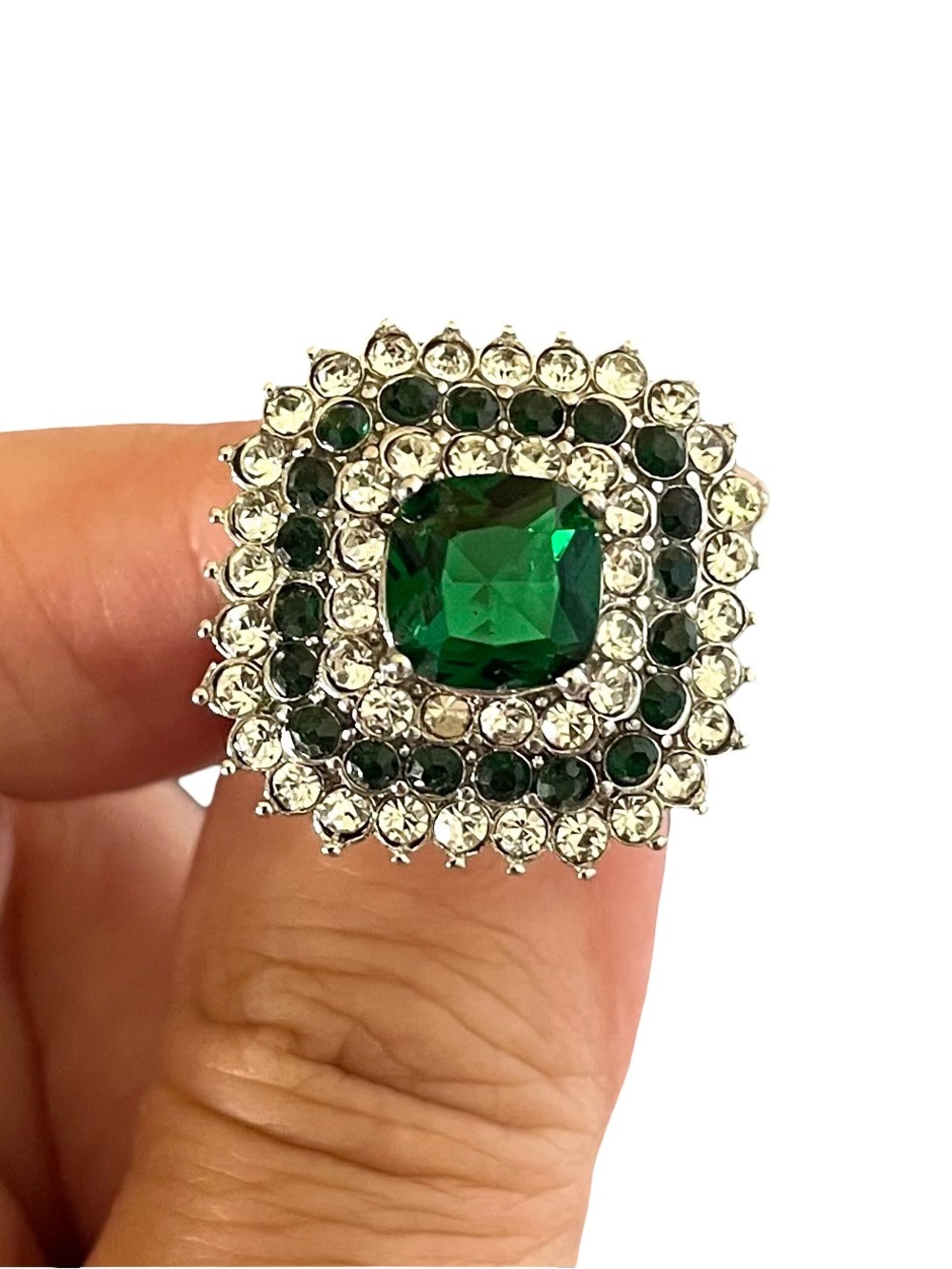 Vintage Cubic Zirconia Emerald Green And Clear Stone Square Cocktail Ring